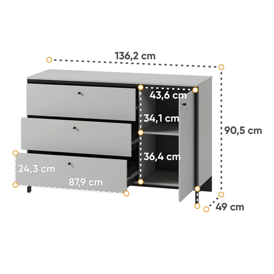 Genoa Wooden Sideboard With 1 Door 3 Drawers In Grey And LED