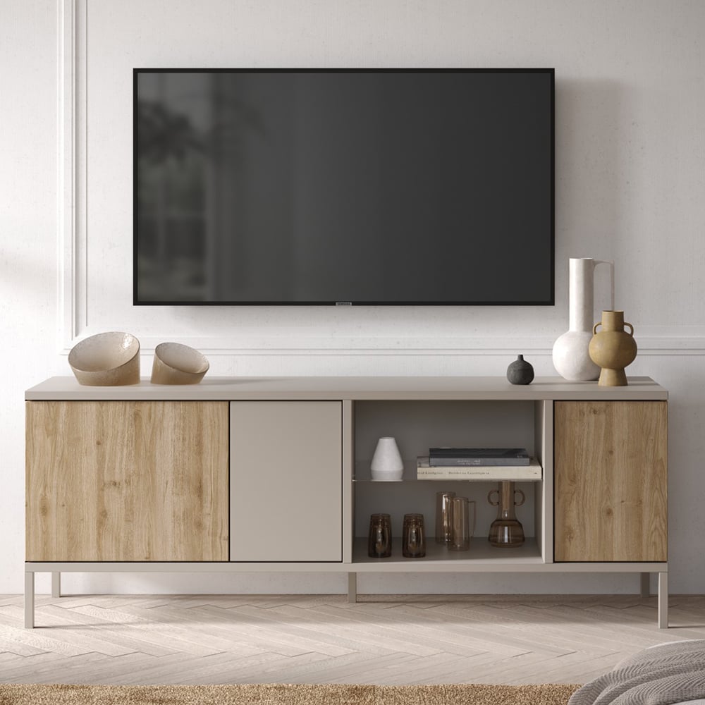 Read more about Genoa wooden tv stand with 3 doors in cashmere and cadiz oak