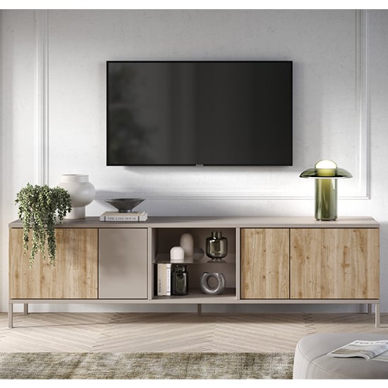 Genoa Wooden TV Stand With 4 Doors In Cashmere And Cadiz Oak