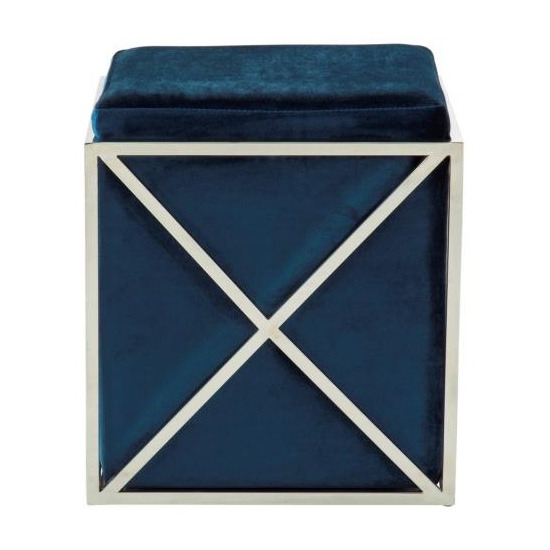 Geokin Velvet Accent Stool In Blue With Silver Frame