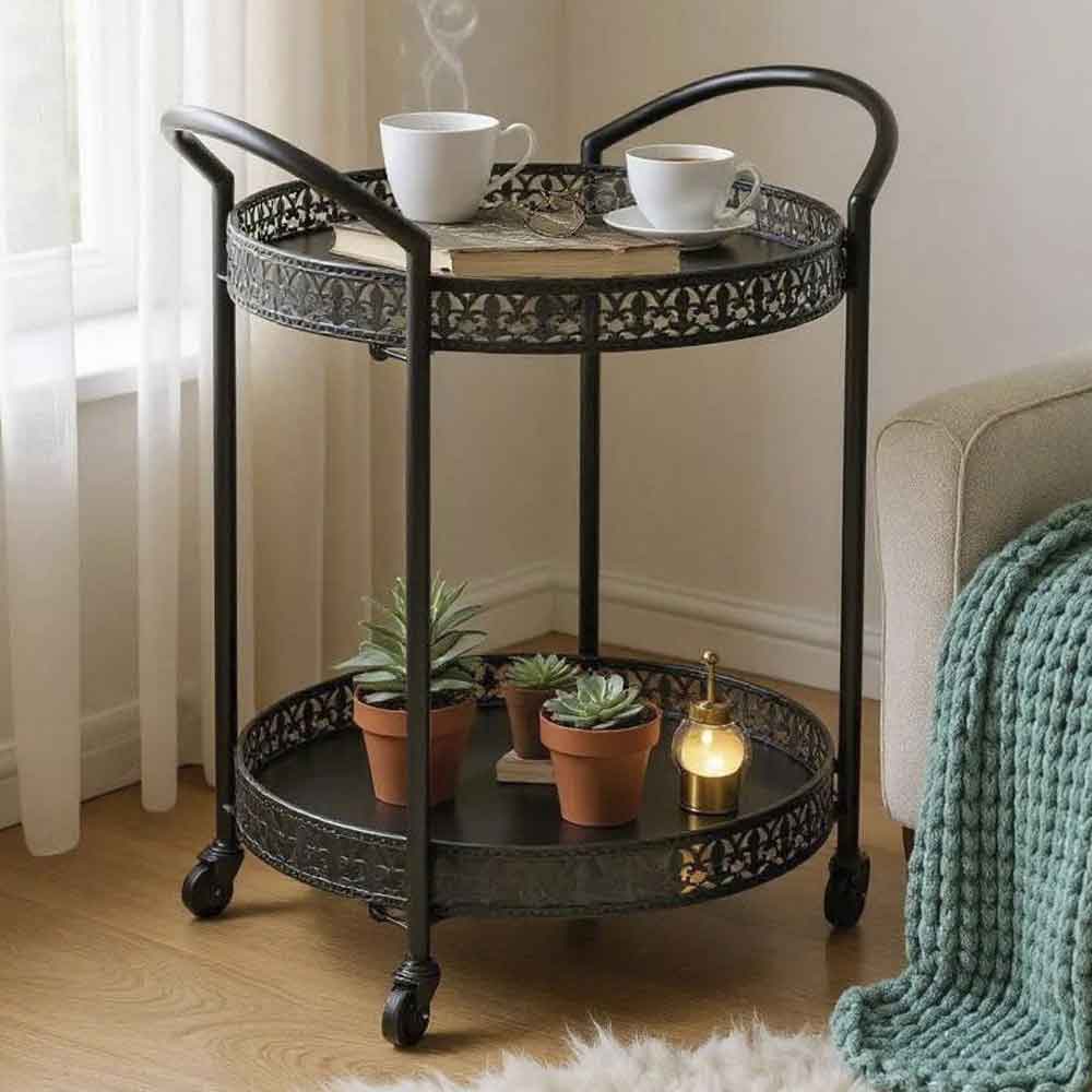 Georgetown Round Metal 2 Serving Bar Trolley In Black