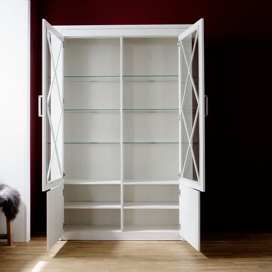 Gerald Wide Display Cabinet In White Pine With LED_2
