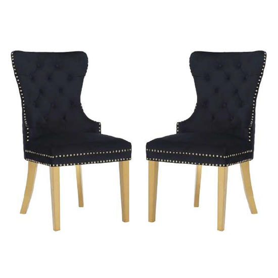 Product photograph of Gerd Black Velvet Dining Chairs With Gold Legs In Pair from Furniture in Fashion