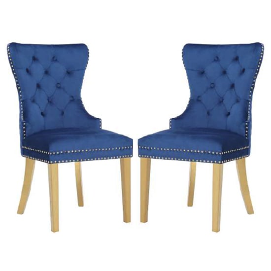 Read more about Gerd blue velvet dining chairs with gold legs in pair