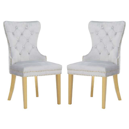 Product photograph of Gerd Light Grey Velvet Dining Chairs With Gold Legs In Pair from Furniture in Fashion