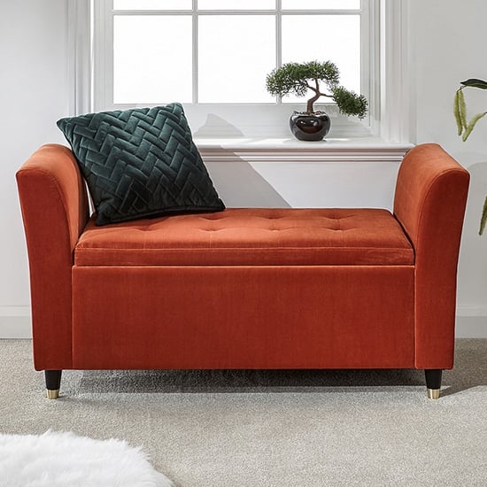 Photo of Gospel fabric upholstered storage hallway bench in russet