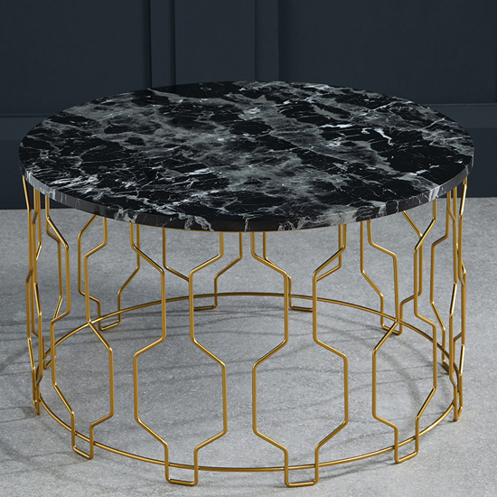 Greco Round Black Marble Effect Coffee Table With Gold Frame