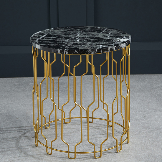 Geva Round Wooden End Table In Black Marble Effect