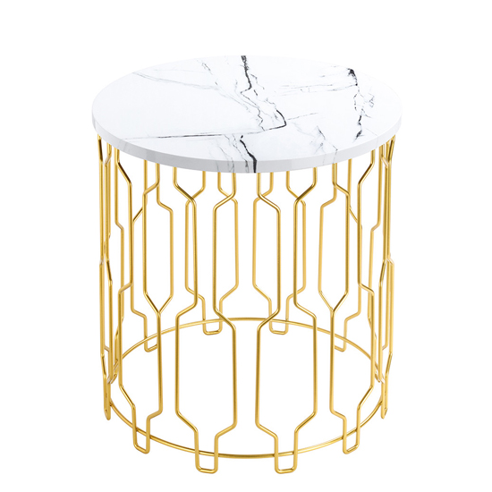 Geva Round Wooden End Table In White Marble Effect_2