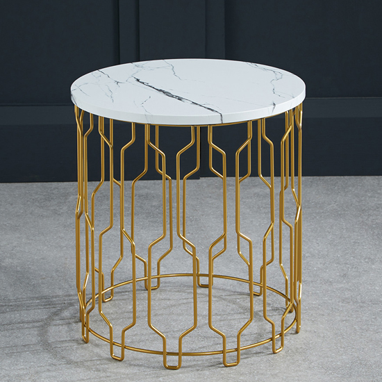 Geva Round Wooden End Table In White Marble Effect
