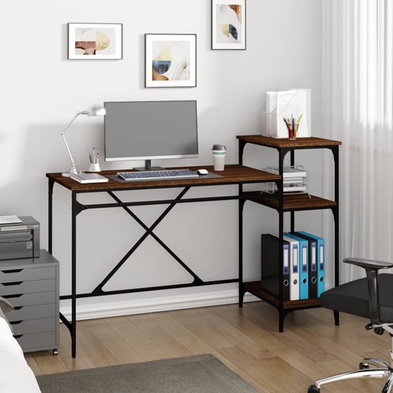Gia Wooden Computer Desk Large With Shelves In Brown Oak