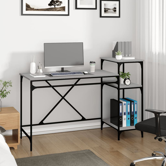 Gia Wooden Computer Desk Large With Shelves In Grey Sonoma Oak
