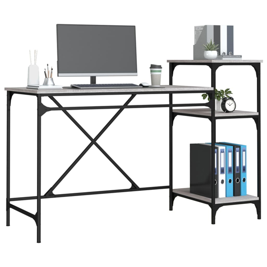 Gia Wooden Computer Desk Large With Shelves In Grey Sonoma Oak