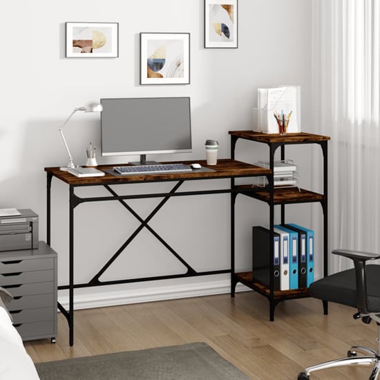 Gia Wooden Computer Desk Large With Shelves In Smoked Oak