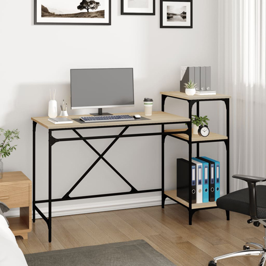 Gia Wooden Computer Desk Large With Shelves In Sonoma Oak