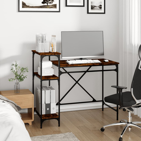 Gia Wooden Computer Desk Small With Shelves In Smoked Oak