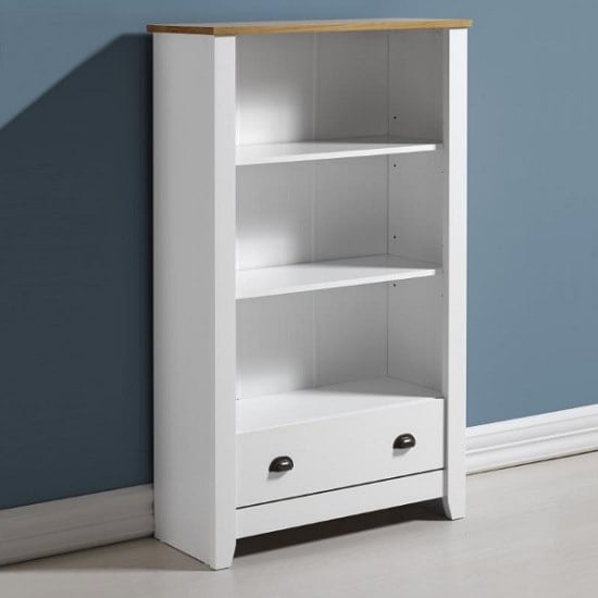 Read more about Ladkro wooden bookcase in white and oak with 1 drawer