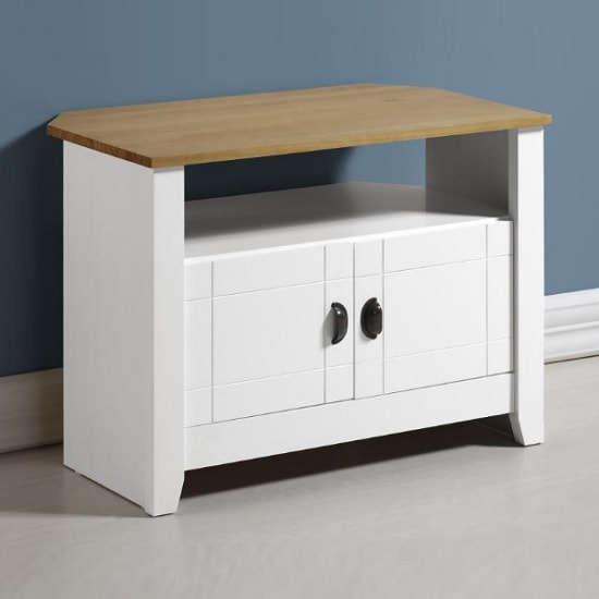 Product photograph of Ladkro Wooden Corner Tv Stand In White And Oak from Furniture in Fashion