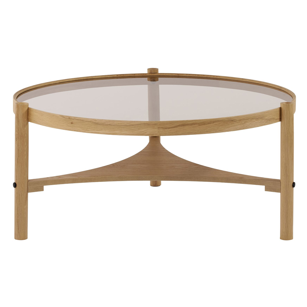 Gifu Round Glass Top Coffee Table with Solid Wood Frame in Oak