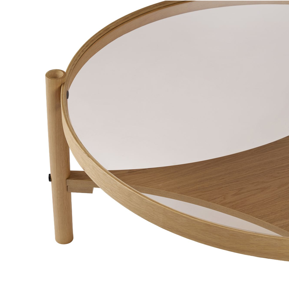 Gifu Round Glass Top Coffee Table with Solid Wood Frame in Oak