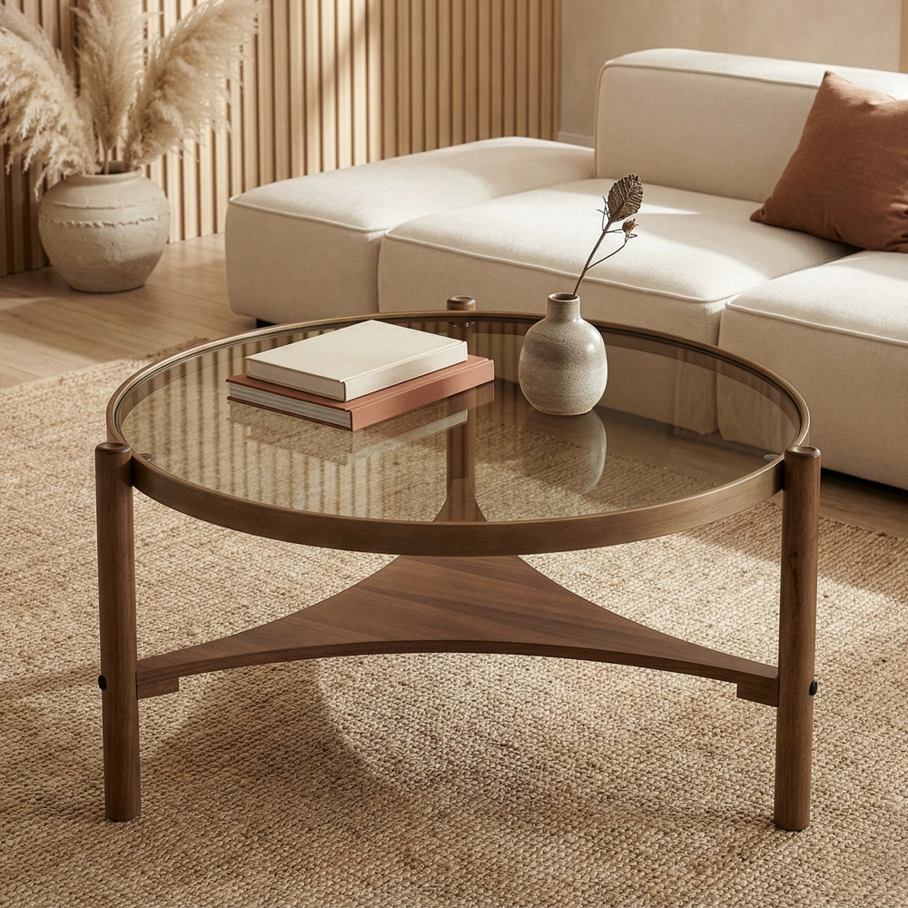 Gifu Round Glass Top Coffee Table with Solid Wood Frame in Walnut