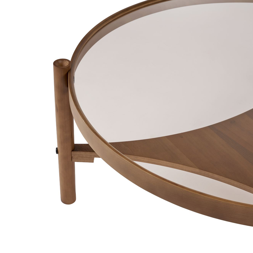 Gifu Round Glass Top Coffee Table with Solid Wood Frame in Walnut