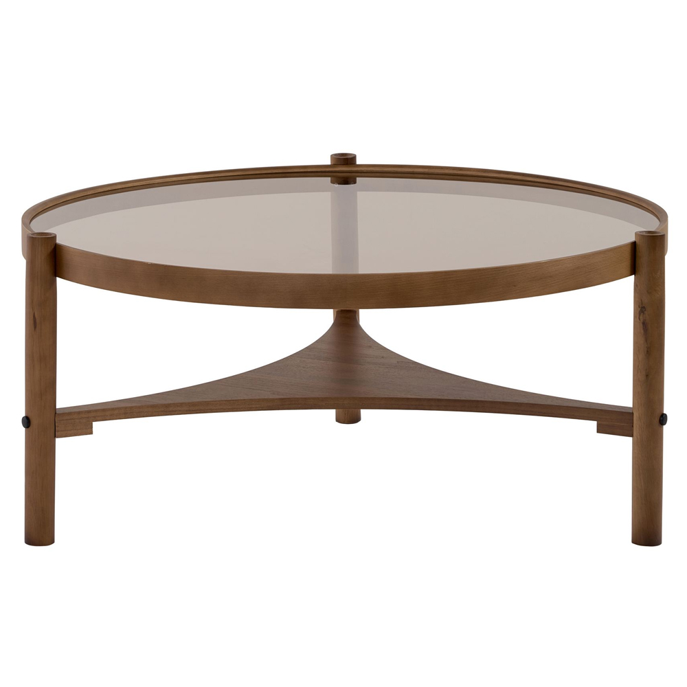 Gifu Round Glass Top Coffee Table with Solid Wood Frame in Walnut