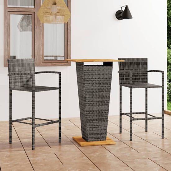 Gilda Outdoor Wooden And Rattan Bar Table With 2 Stools In Grey