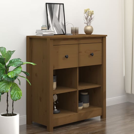 Photo of Giles pine wood sideboard with 2 drawers in honey brown