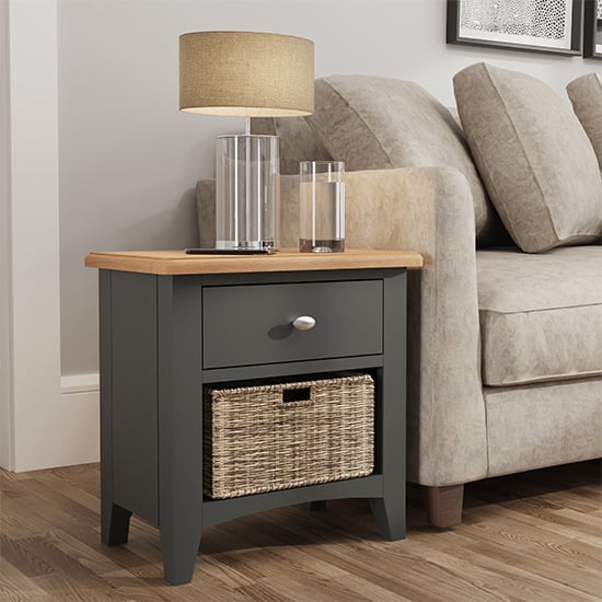 Read more about Gilford wooden 1 basket unit lamp table in grey