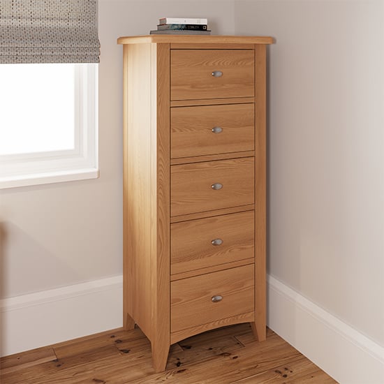 Read more about Gilford narrow wooden chest of 5 drawers in light oak