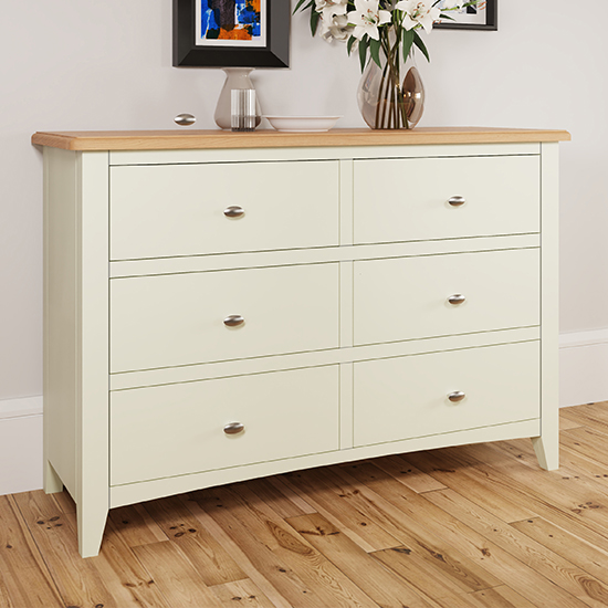 Photo of Gilford wide wooden chest of 6 drawers in white