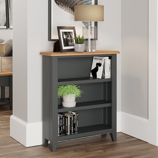 Read more about Gilford wide wooden small bookcase in grey