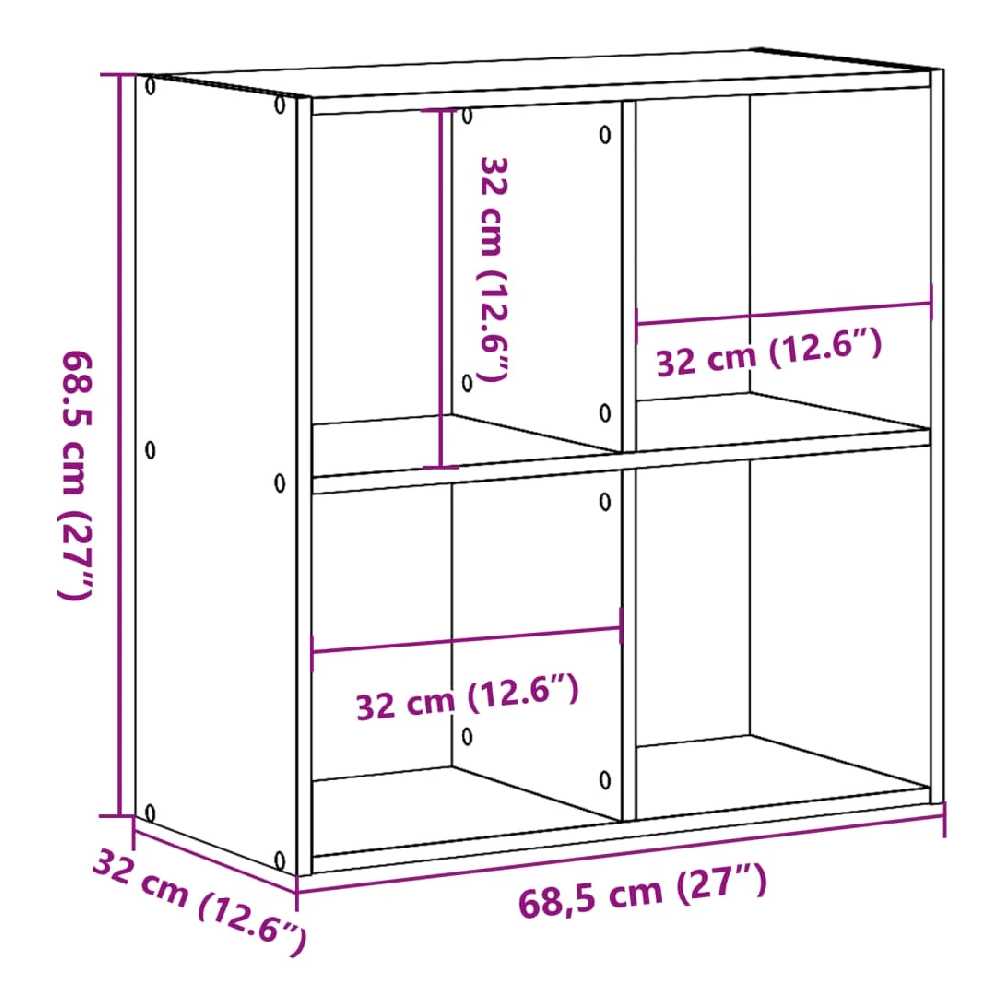 Gilford Wooden Bookcase With 4 Compartments In Concrete Grey