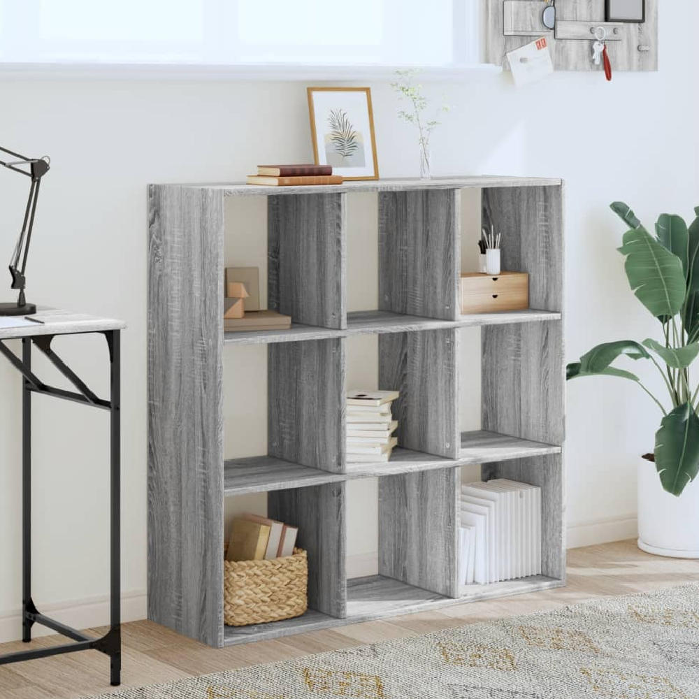 Read more about Gilford wooden bookcase with 9 compartments in grey sonoma