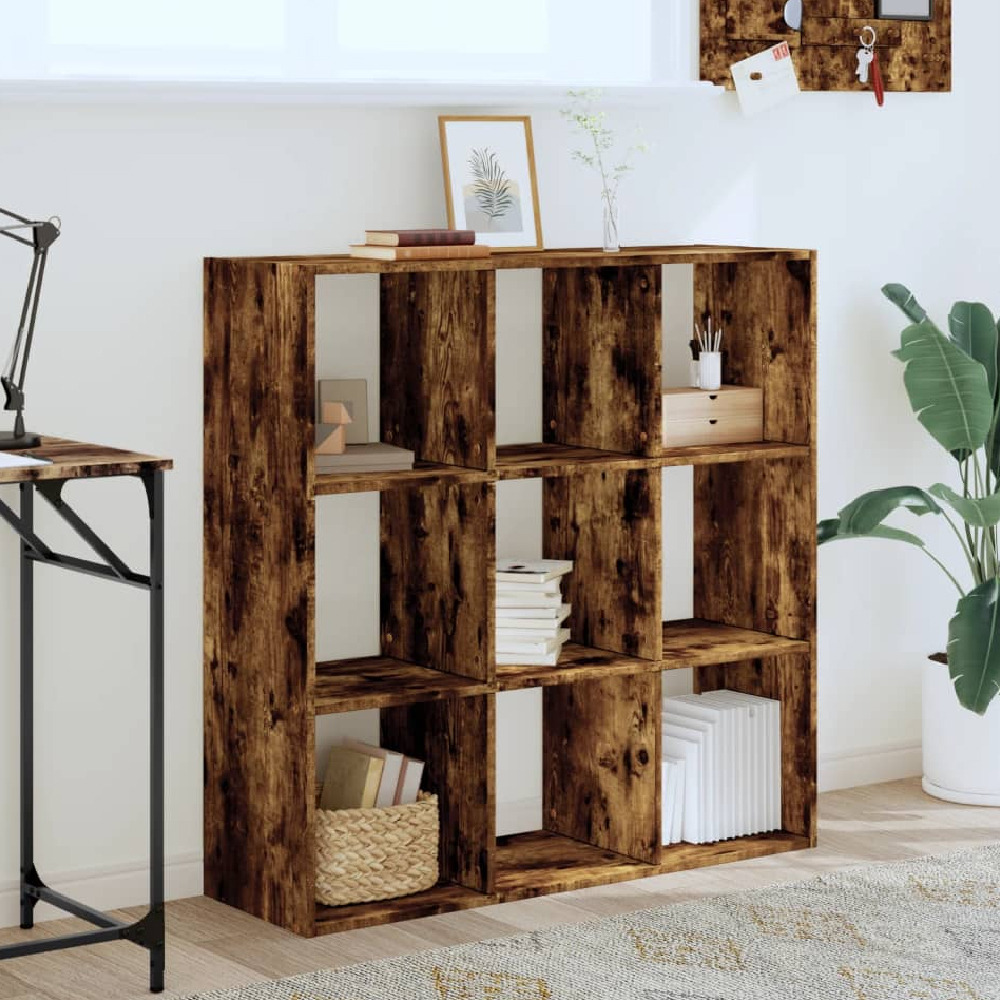 Read more about Gilford wooden bookcase with 9 compartments in smoked oak