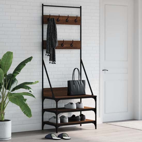 Product photograph of Gilford Wooden Clothes Rack With Shoe Storage In Brown Oak from Furniture in Fashion