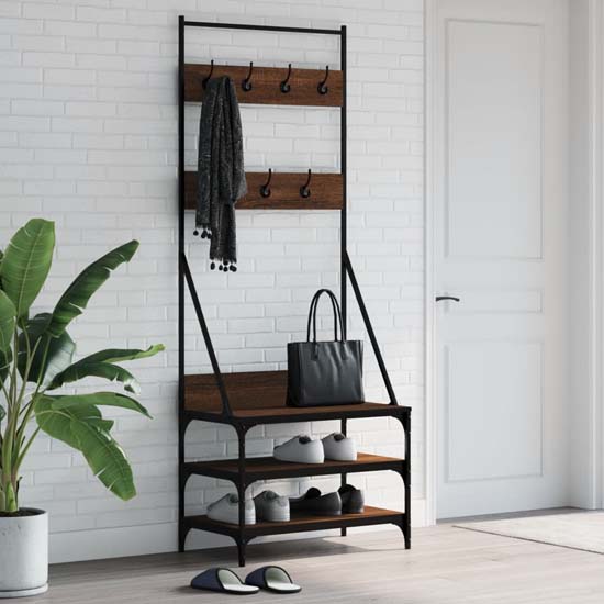 Read more about Gilford wooden clothes rack with shoe storage in brown oak