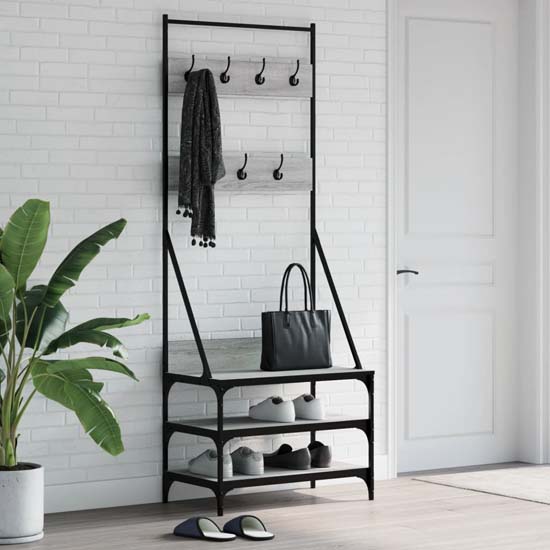 Read more about Gilford wooden clothes rack with shoe storage in grey sonoma oak