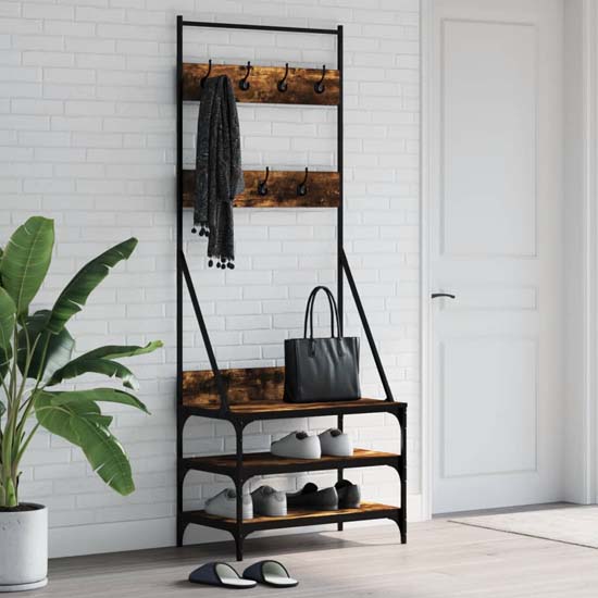 Read more about Gilford wooden clothes rack with shoe storage in smoked oak