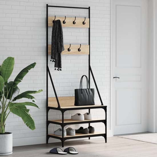 Product photograph of Gilford Wooden Clothes Rack With Shoe Storage In Sonoma Oak from Furniture in Fashion