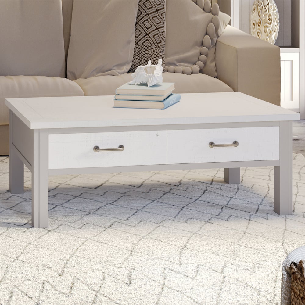 Gilford Wooden Coffee Table With 4 Drawers In Greystone