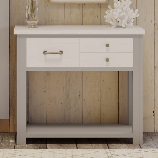 Read more about Gilford wooden console table with 3 drawers in grey