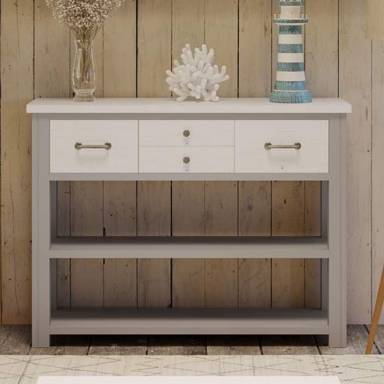 Read more about Gilford wooden console table with 4 drawers in grey