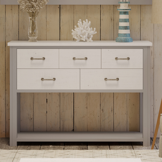 Read more about Gilford wooden console table with 5 drawers in grey