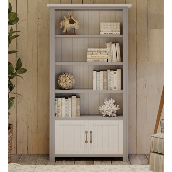 Read more about Gilford wooden large open bookcase with 2 doors in grey
