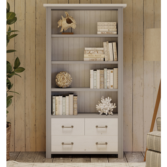 Gilford Wooden Large Open Bookcase With 3 Drawers In Grey