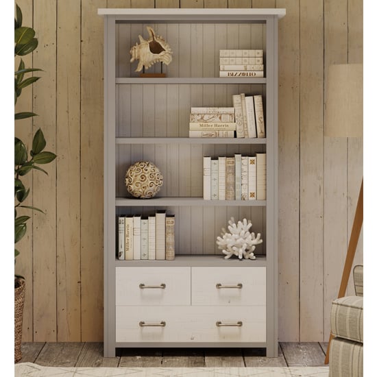 Read more about Gilford wooden large open bookcase with 3 drawers in grey