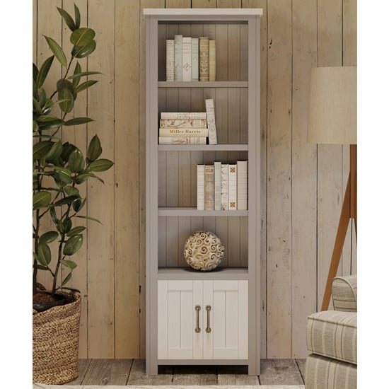 Gilford Wooden Open Bookcase Narrow With 2 Doors In Grey