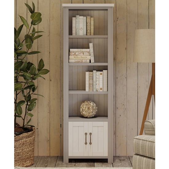 Read more about Gilford wooden open bookcase narrow with 2 doors in grey